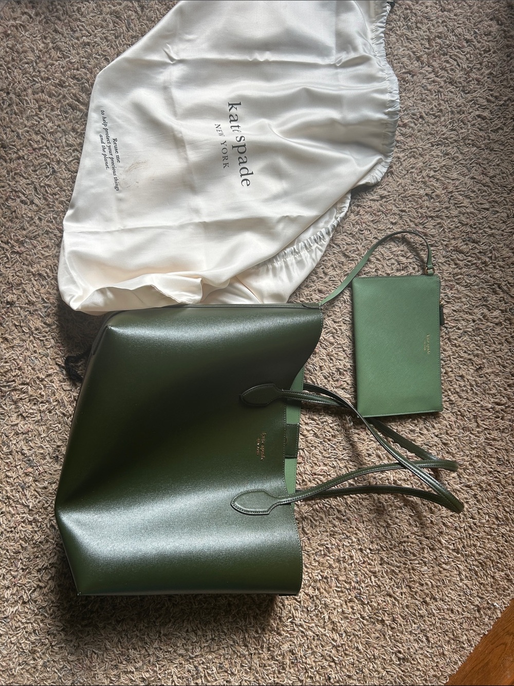 kate spade green leather tote with wristlet pouch
